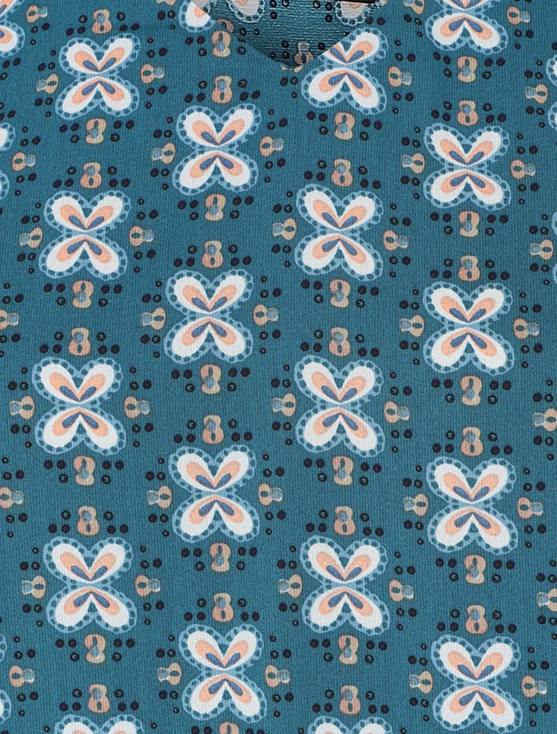 Top ample col V à fleurs - Bleu canard