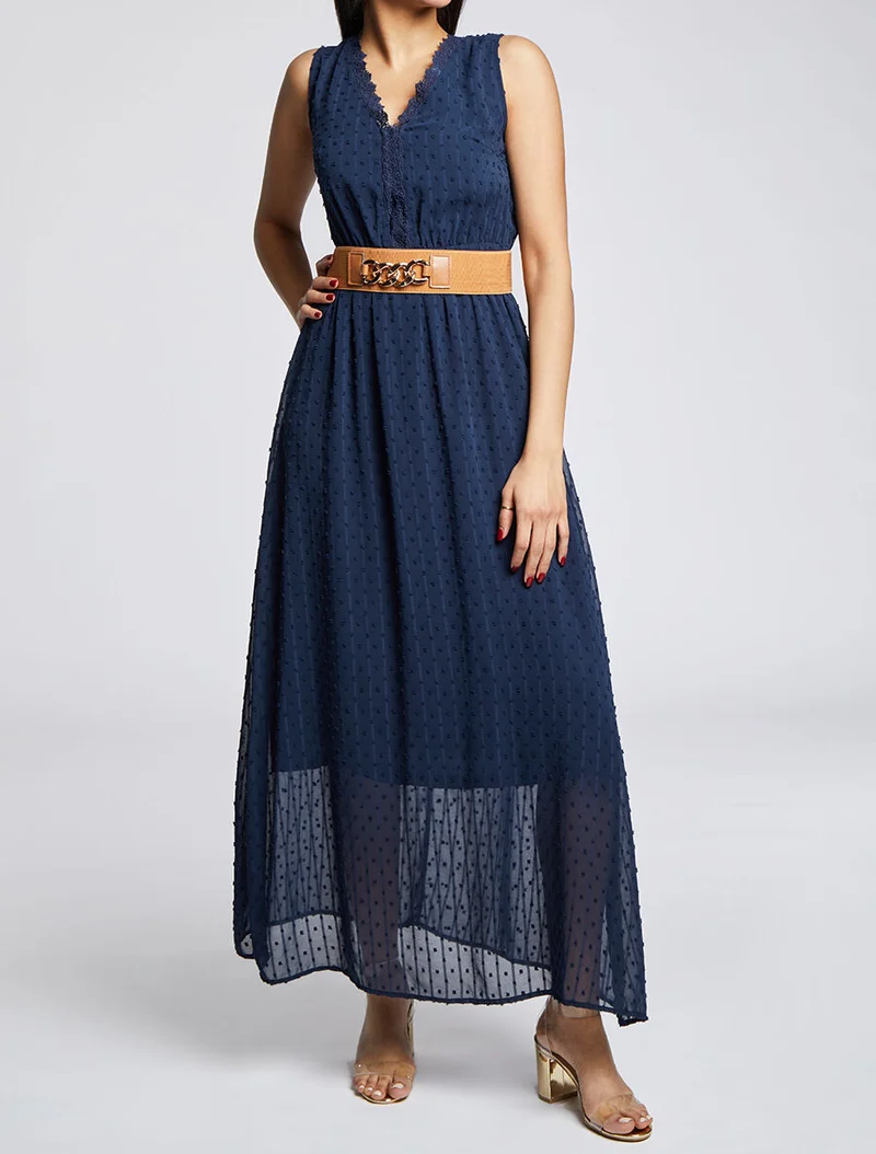 Robe longue empire unie en plumetis - Marine