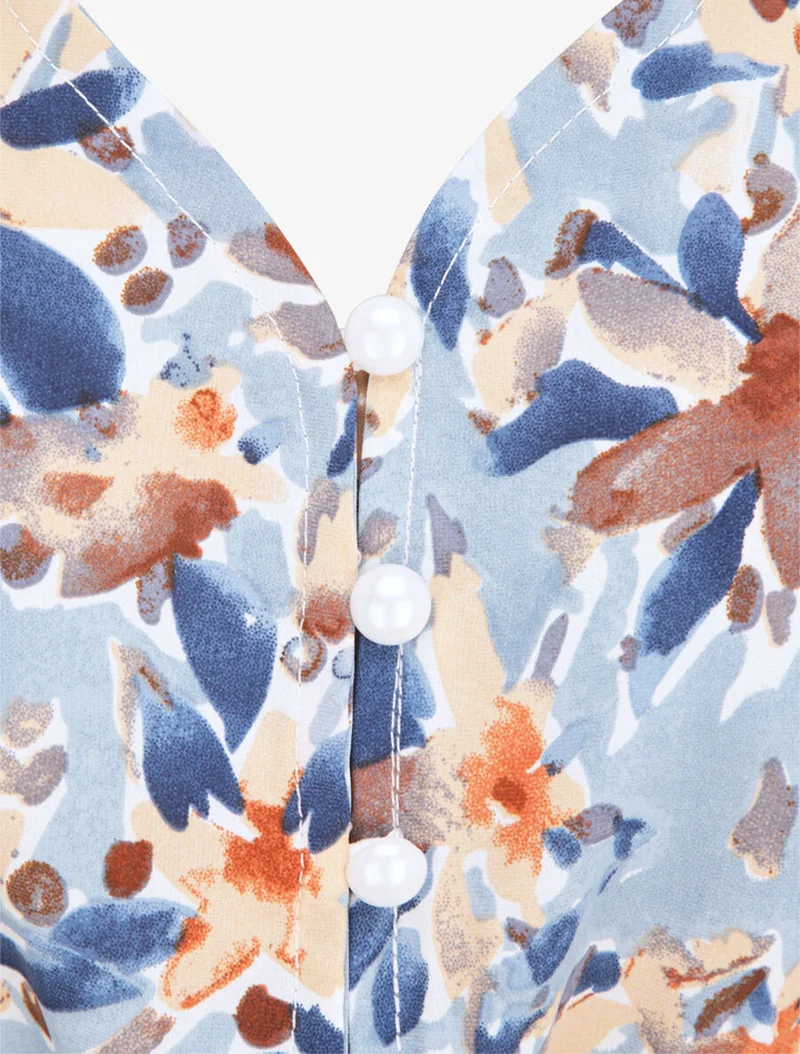Robe patineuse imprimé fleurs d'été - Bleu ciel