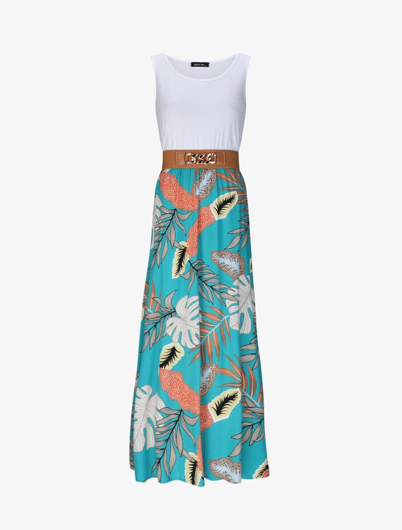 Robe longue patineuse bi-matière imprimé tropique - Blanc/bleu
