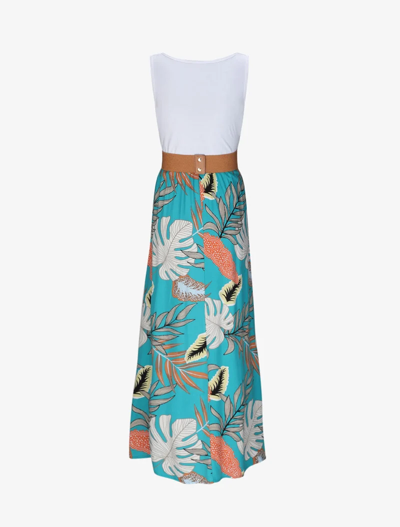 Robe longue patineuse bi-matière imprimé tropique - Blanc/bleu
