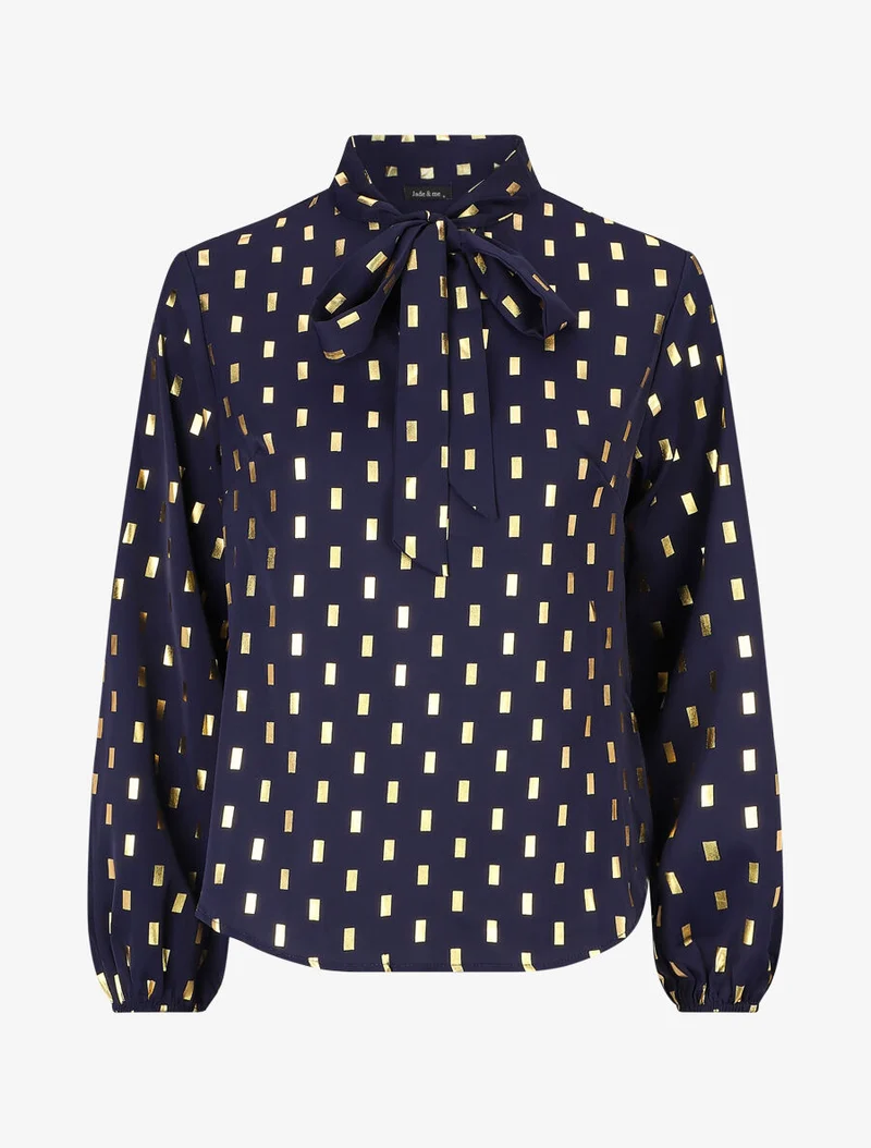 Blouse col lavallière à imprimé rectangles dorés - Marine