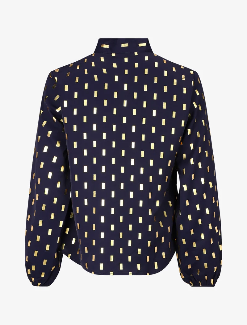 Blouse col lavallière à imprimé rectangles dorés - Marine