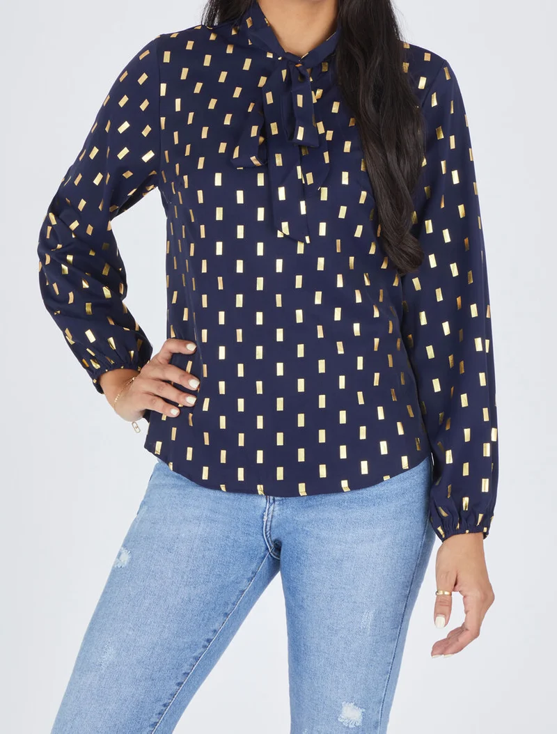 Blouse col lavallière à imprimé rectangles dorés - Marine