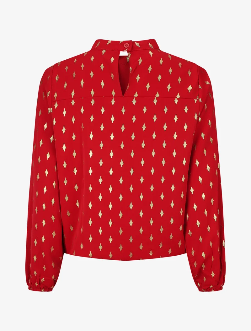 Blouse col montant à imprimé losanges dorés - Rouge