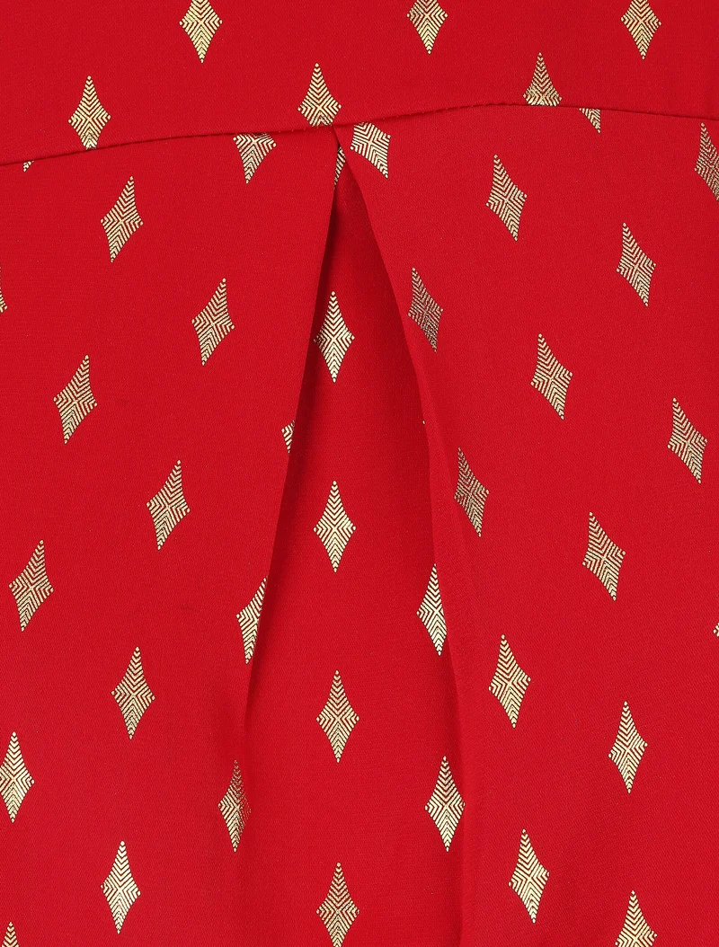 Blouse col montant à imprimé losanges dorés - Rouge