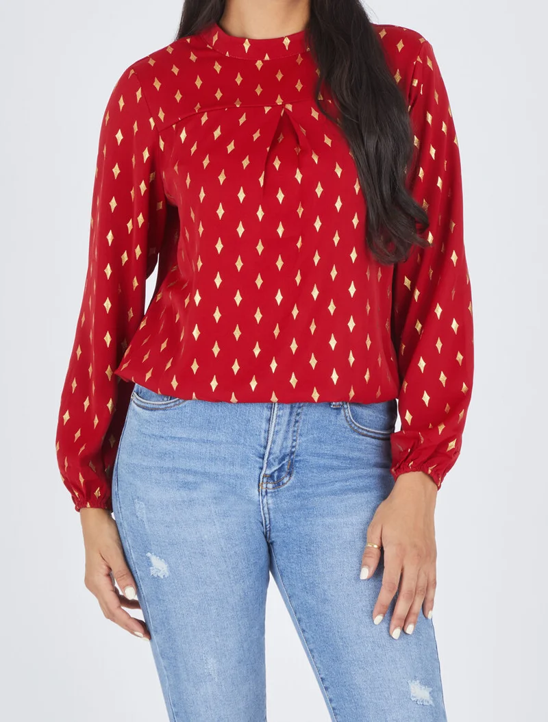 Blouse col montant à imprimé losanges dorés - Rouge
