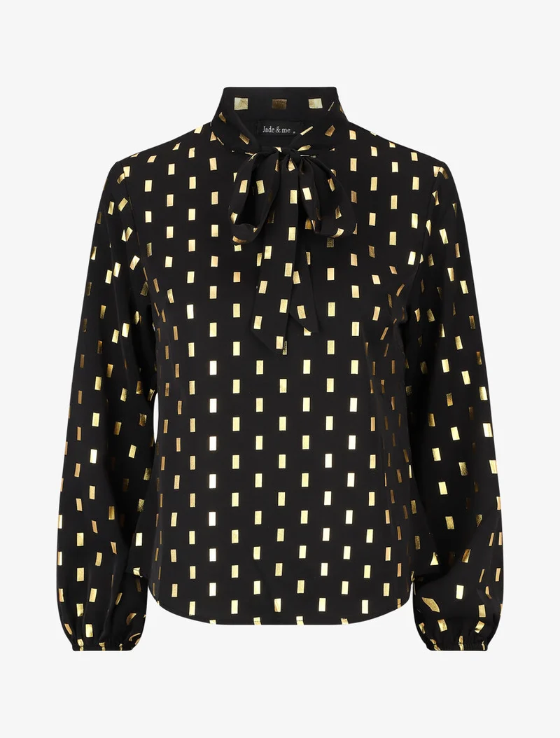 Blouse col lavallière à imprimé rectangles dorés - Noir