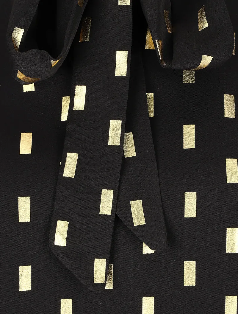 Blouse col lavallière à imprimé rectangles dorés - Noir