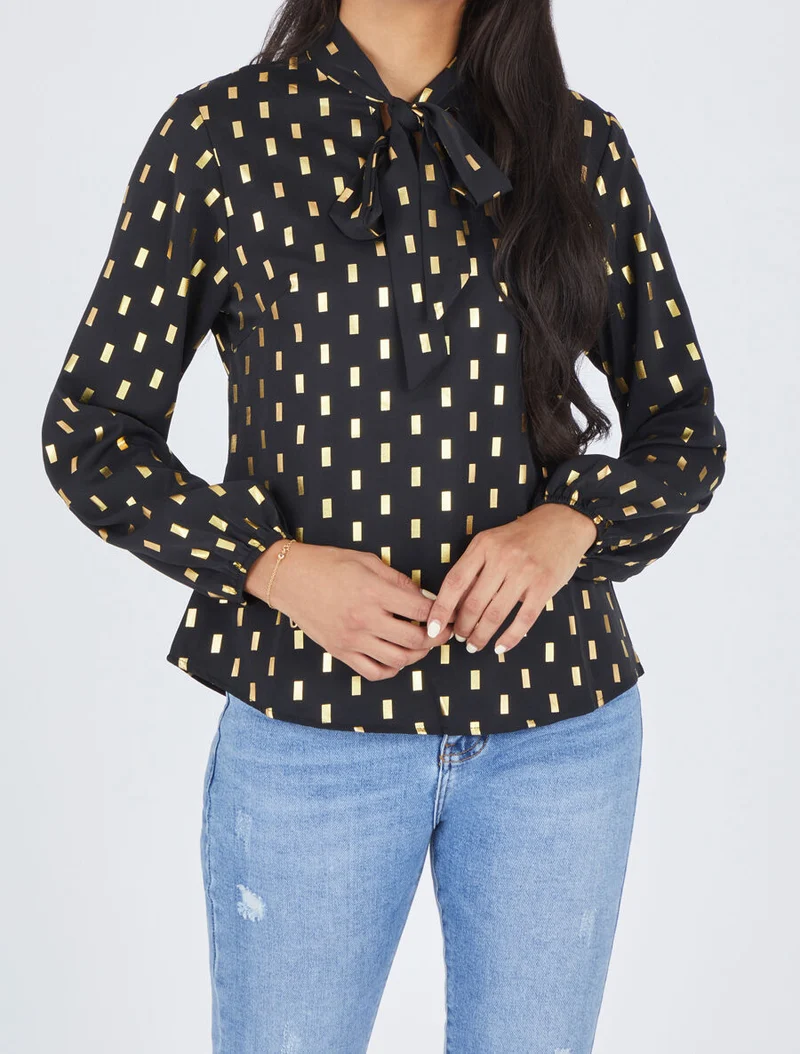 Blouse col lavallière à imprimé rectangles dorés - Noir