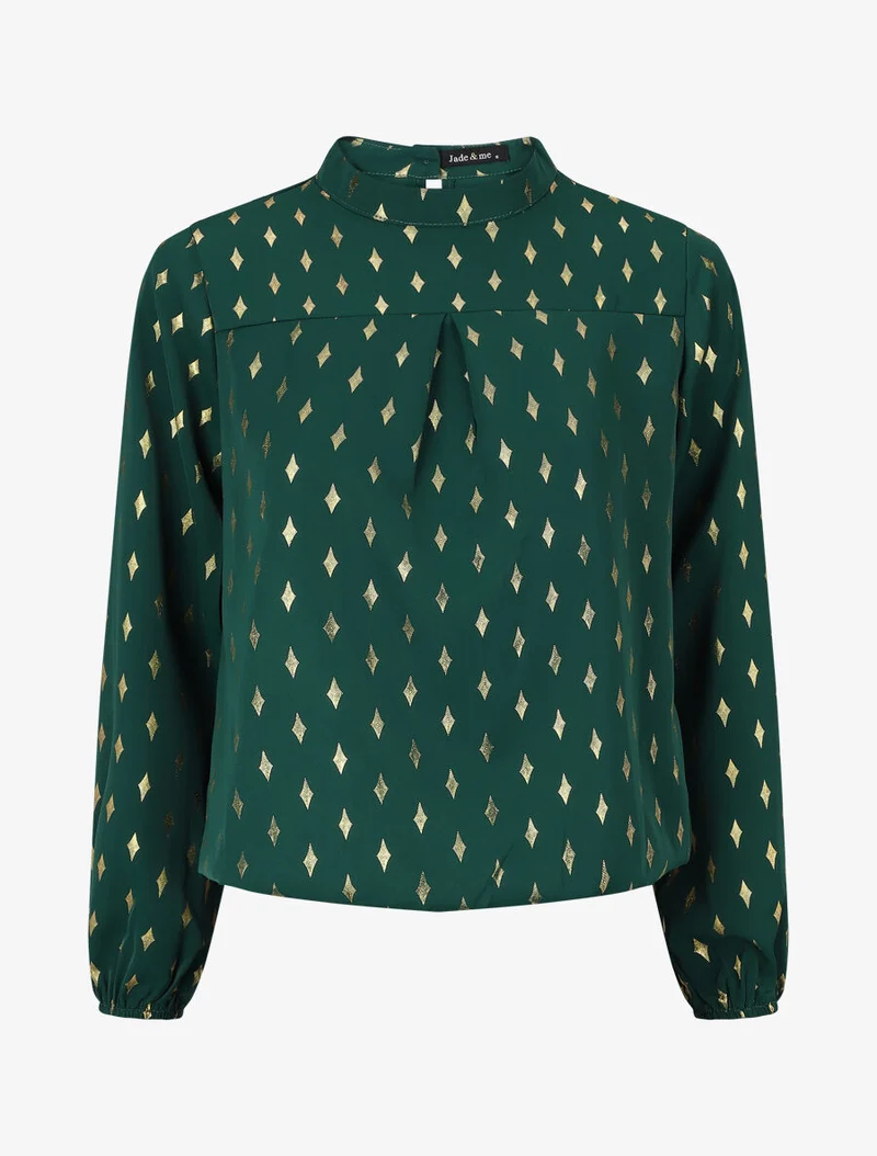 Blouse col montant à imprimé losanges dorés - Vert