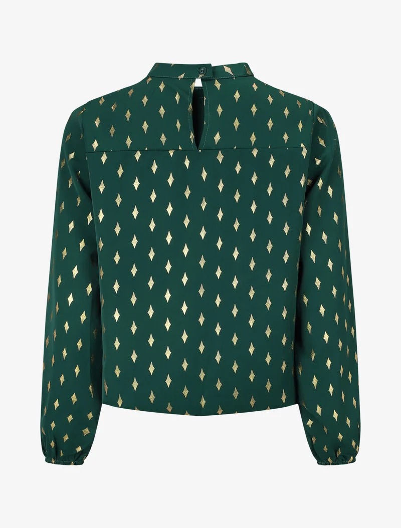 Blouse col montant à imprimé losanges dorés - Vert