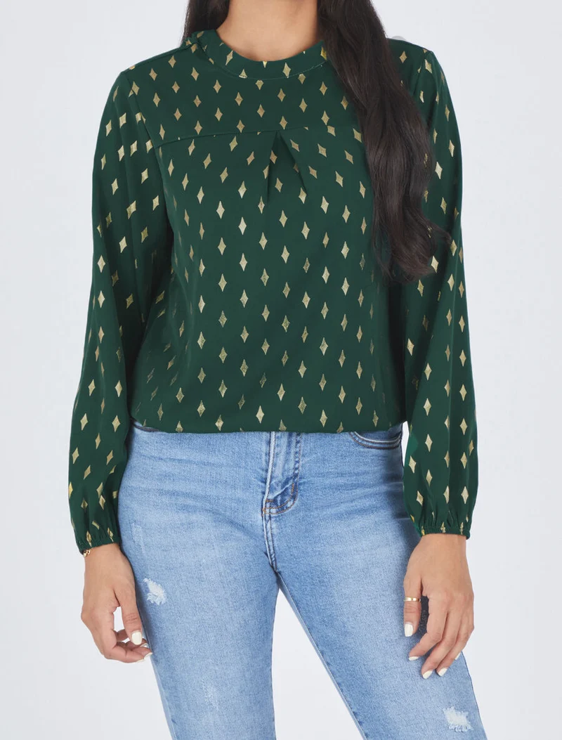 Blouse col montant à imprimé losanges dorés - Vert