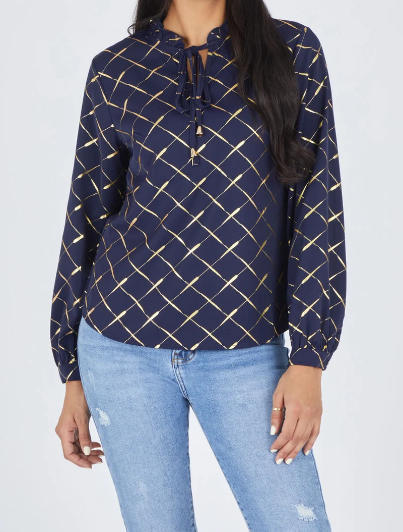 Blouse col V à imprimé dorés - Marine