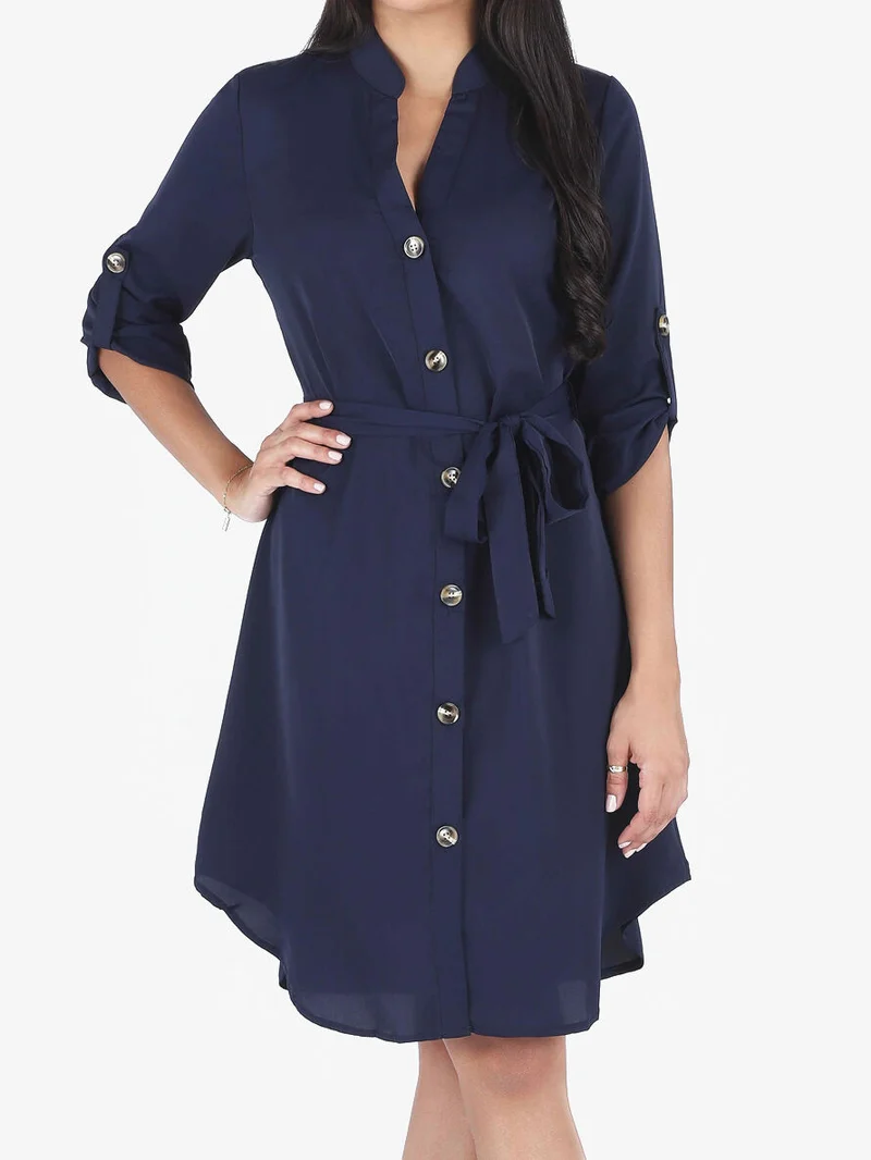 Robe chemise à manches longues et boutons - Marine