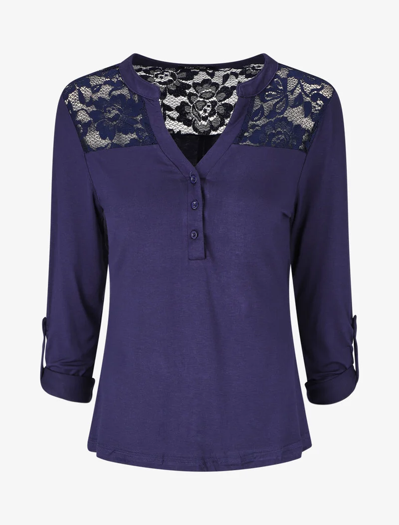 Top uni manches longues et dentelle - Marine