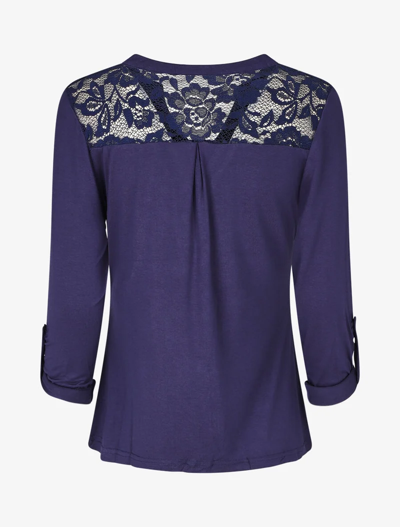 Top uni manches longues et dentelle - Marine