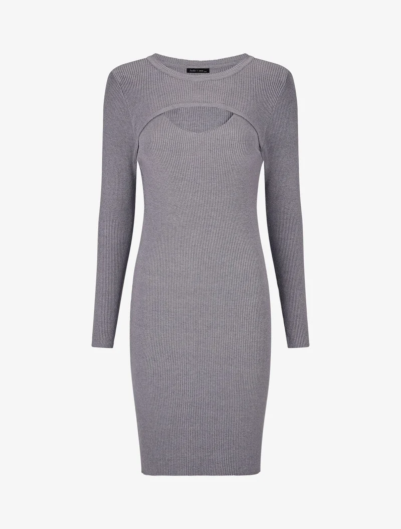 Robe mi-longue côtelée à décolleté ajouré - Gris