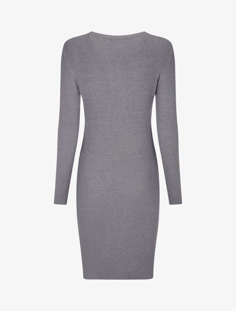 Robe mi-longue côtelée à décolleté ajouré - Gris