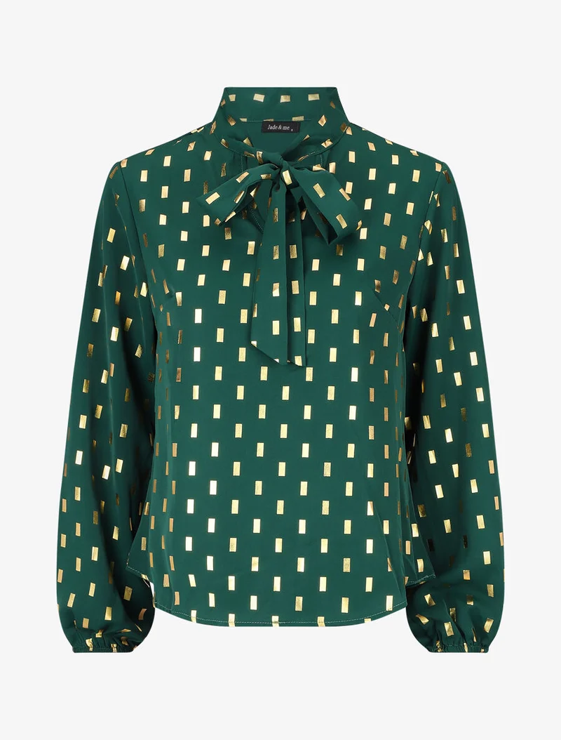 Blouse col lavallière à imprimé rectangles dorés - Vert