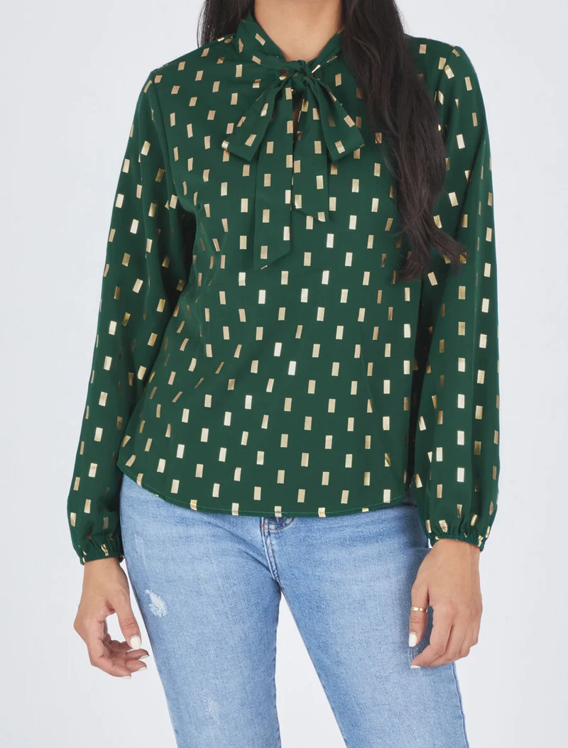 Blouse col lavallière à imprimé rectangles dorés - Vert