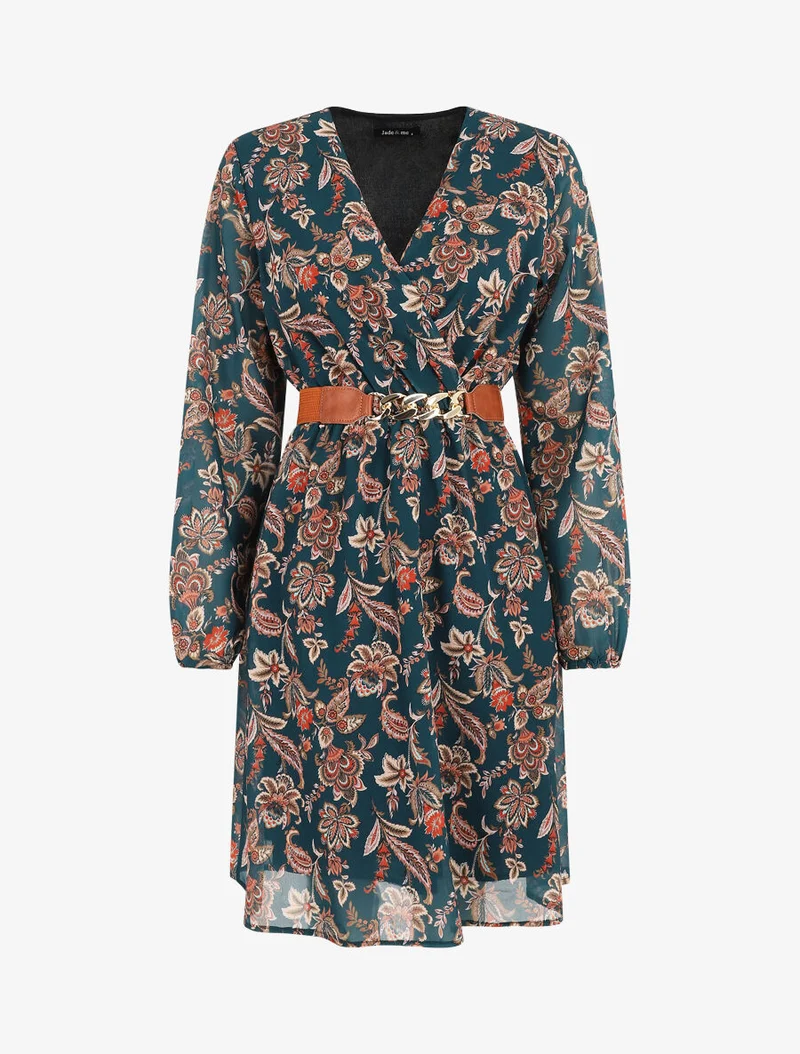 Robe courte évasée imprimé cachemire - Bleu canard