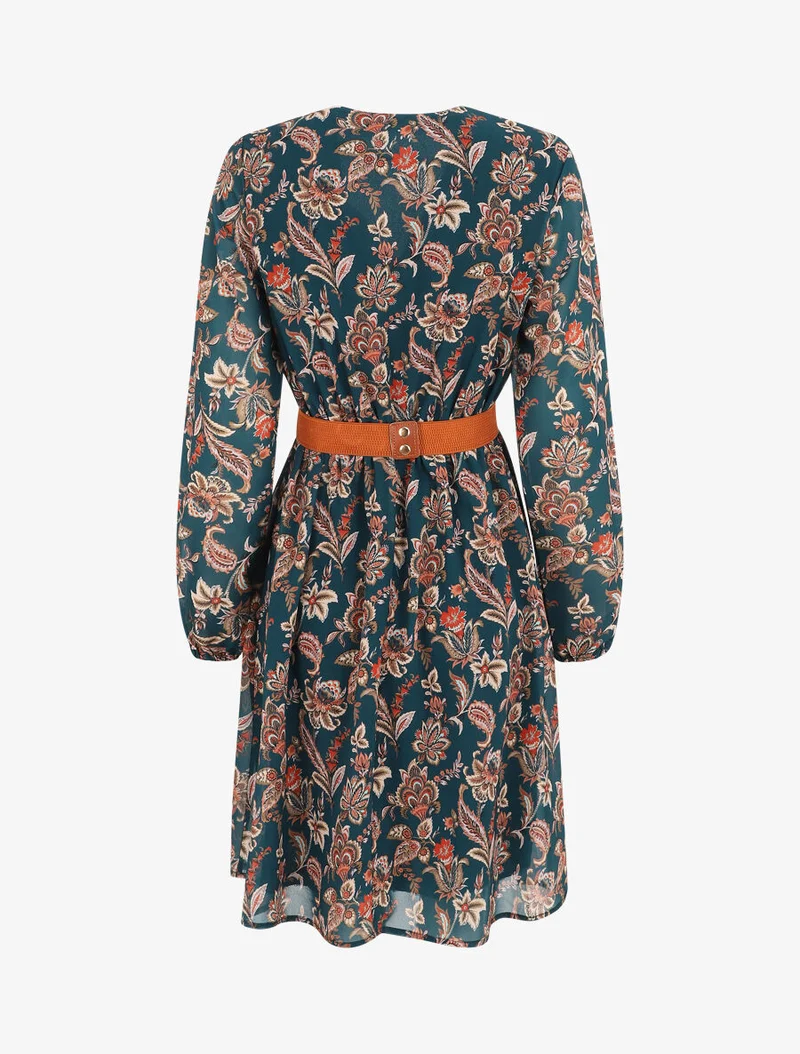 Robe courte évasée imprimé cachemire - Bleu canard