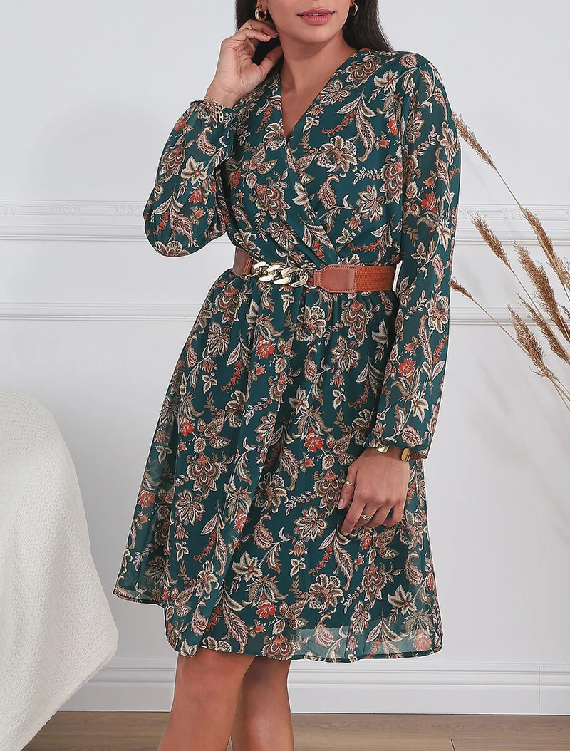 Robe courte évasée imprimé cachemire - Bleu canard
