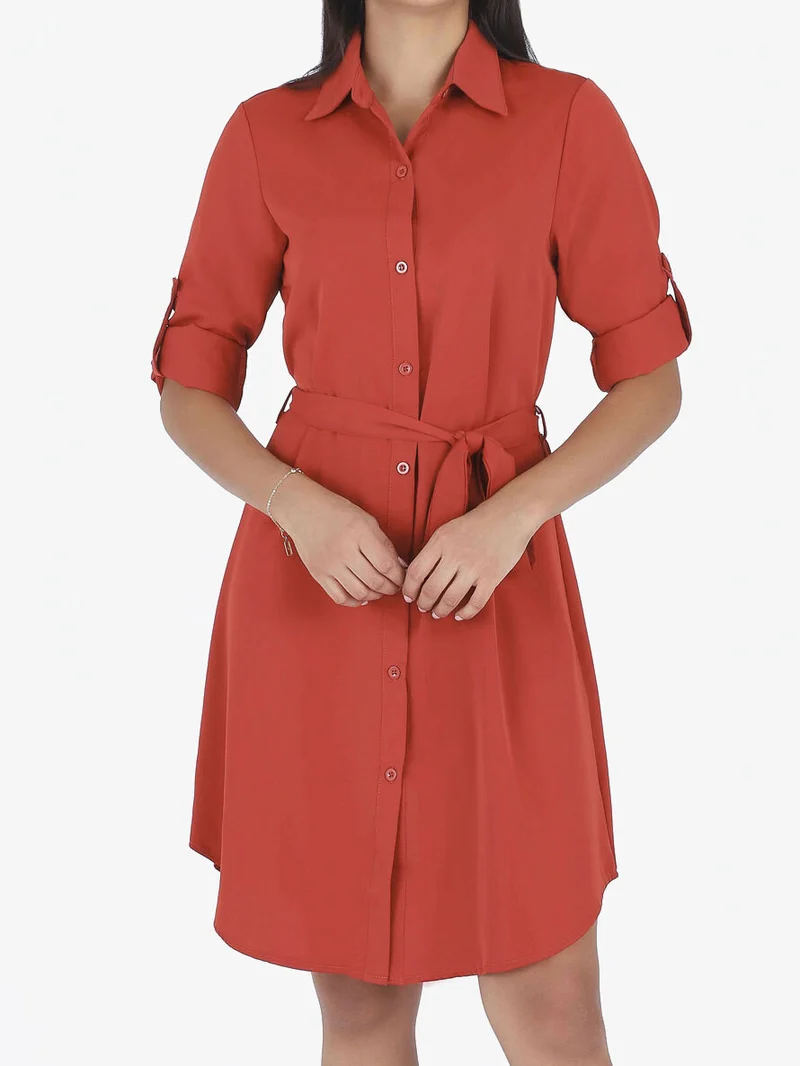 Robe chemise unie coupe droite - Brique