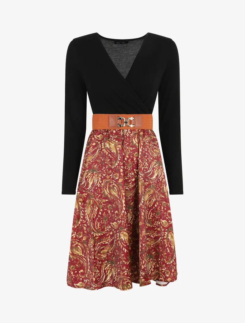 Robe évasée bi-matière imprimé cachemire - Bordeaux