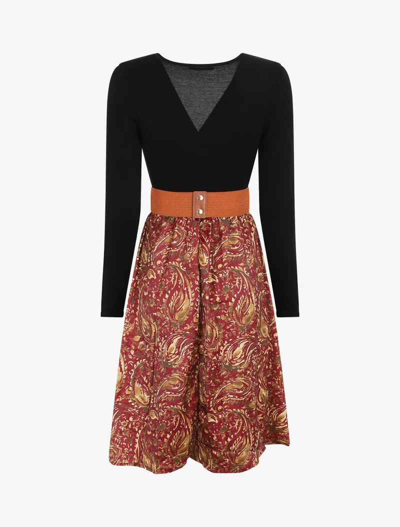 Robe évasée bi-matière imprimé cachemire - Bordeaux
