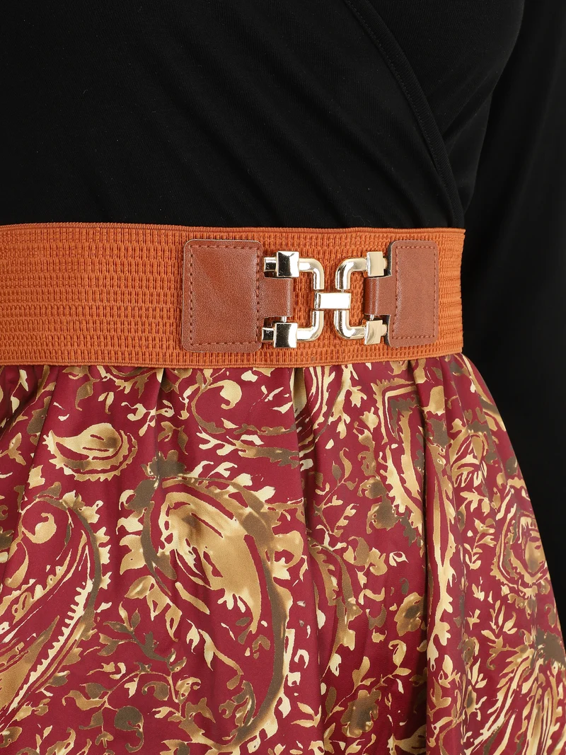 Robe évasée bi-matière imprimé cachemire - Bordeaux