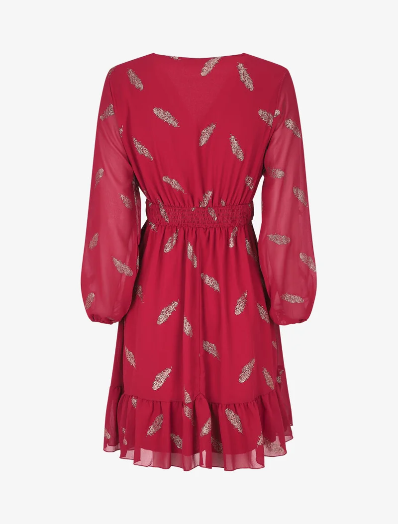 Robe mi-longue à imprimé plumes dorées - Bordeaux