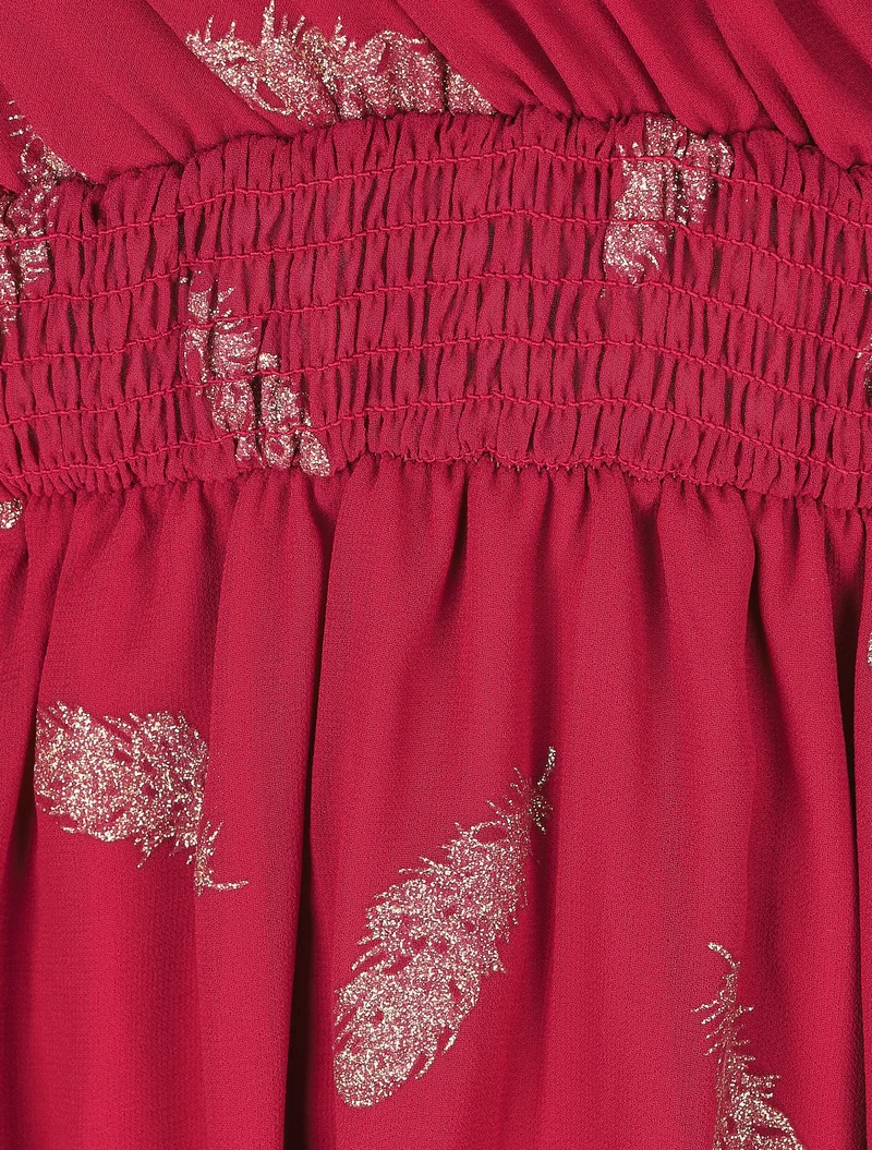 Robe mi-longue à imprimé plumes dorées - Bordeaux