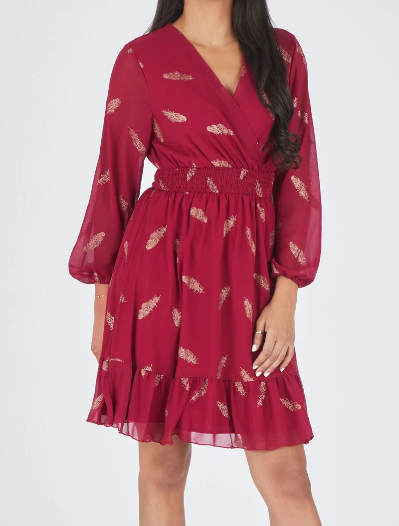 Robe mi-longue à imprimé plumes dorées - Bordeaux
