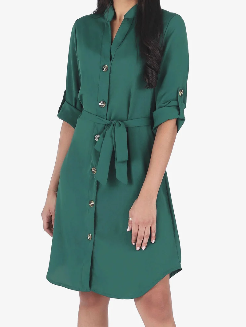Robe chemise à manches longues et boutons - Vert