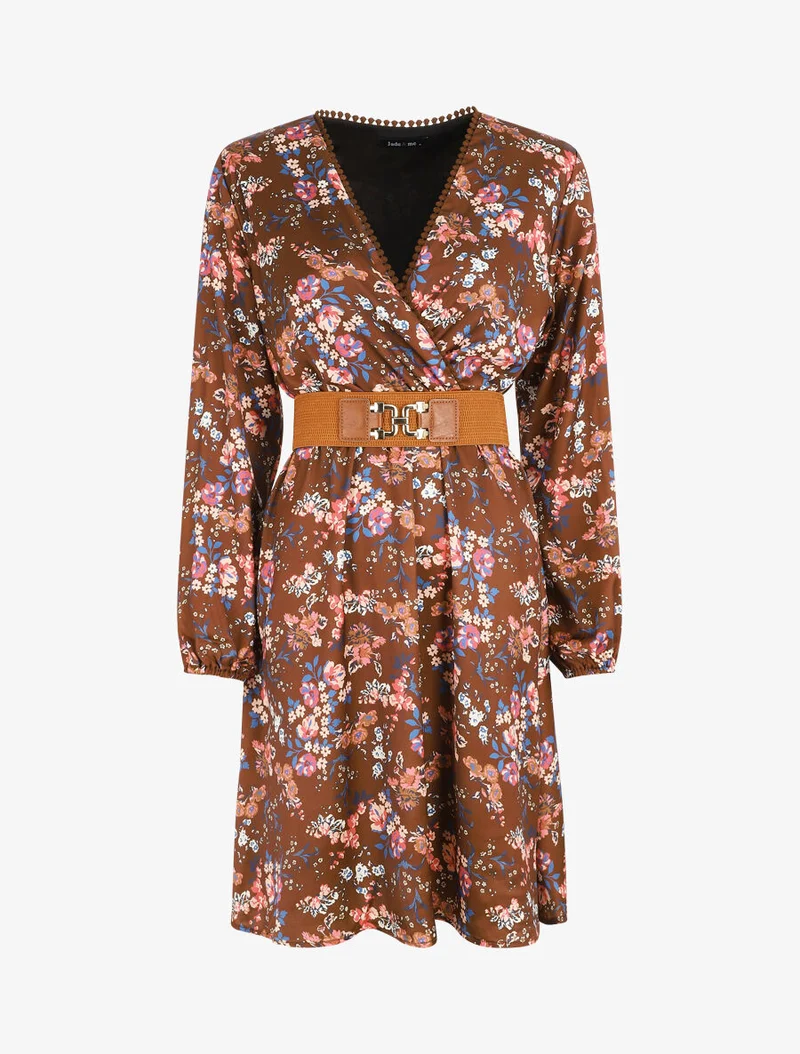Robe satinée fleuri col cache-coeur - Marron