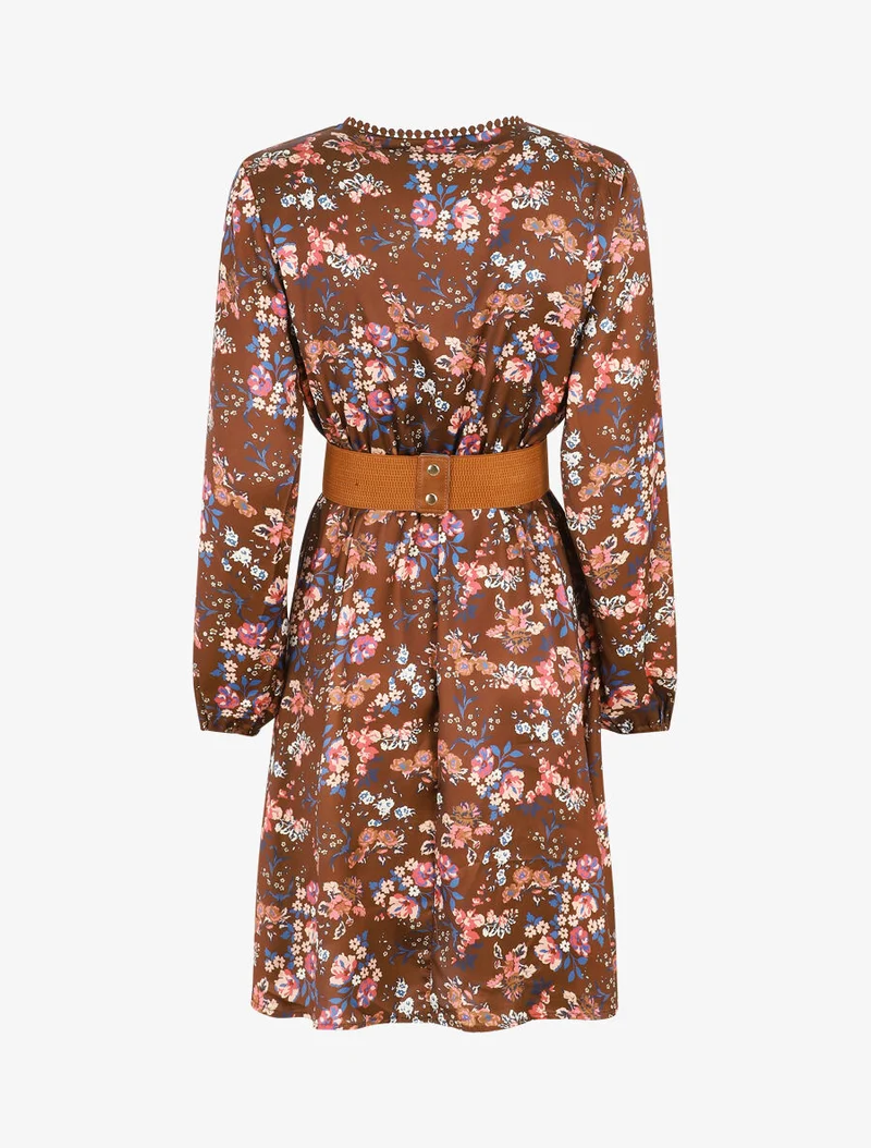 Robe satinée fleuri col cache-coeur - Marron