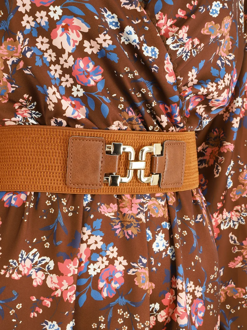 Robe satinée fleuri col cache-coeur - Marron