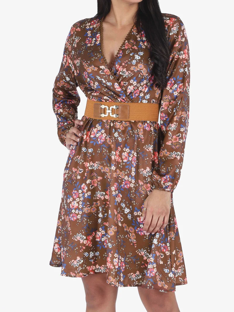 Robe satinée fleuri col cache-coeur - Marron