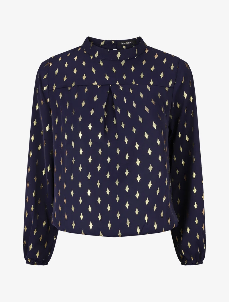 Blouse col montant à imprimé losanges dorés - Marine