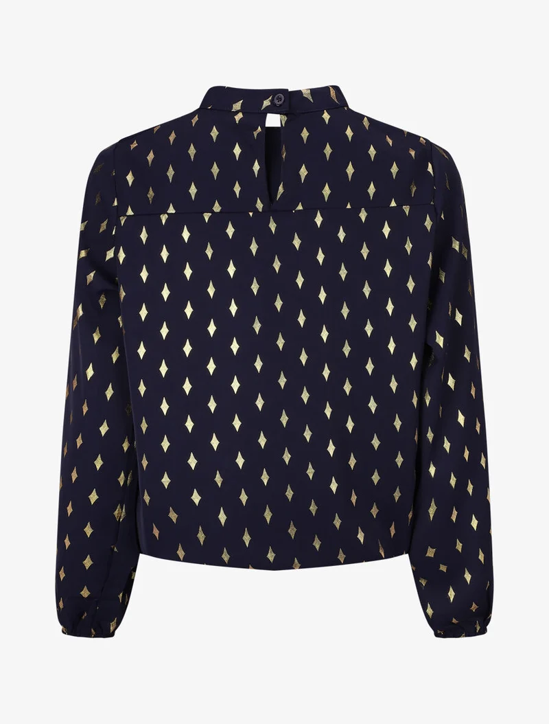 Blouse col montant à imprimé losanges dorés - Marine