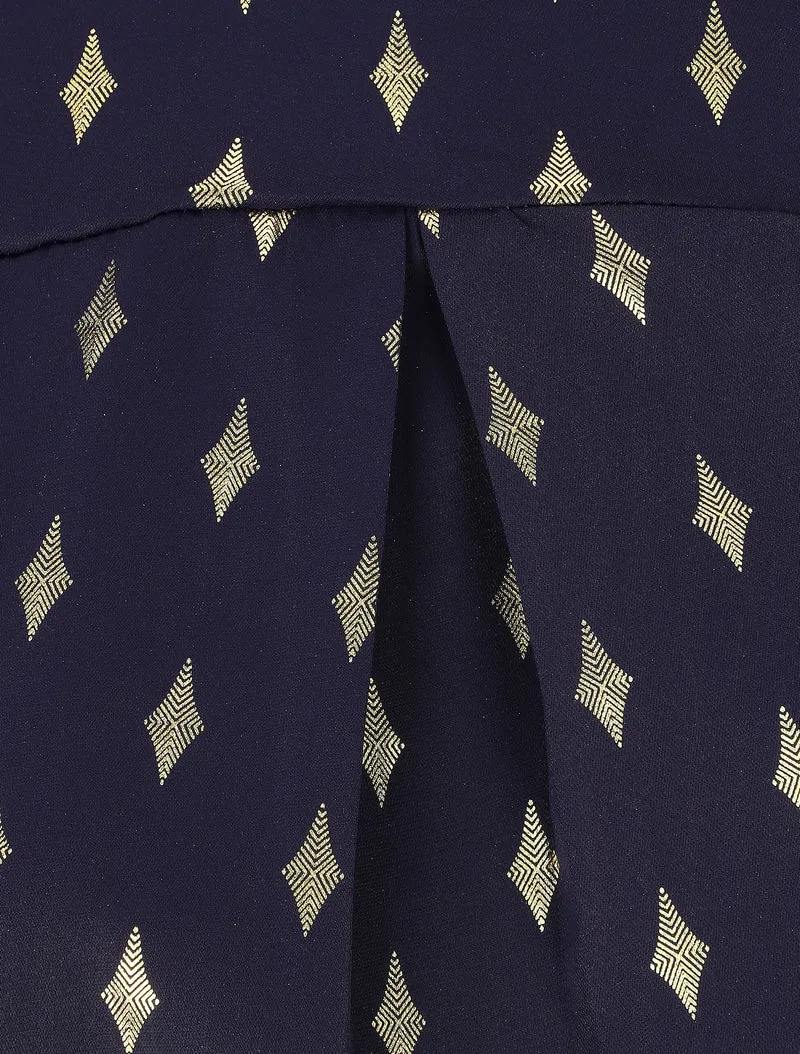Blouse col montant à imprimé losanges dorés - Marine