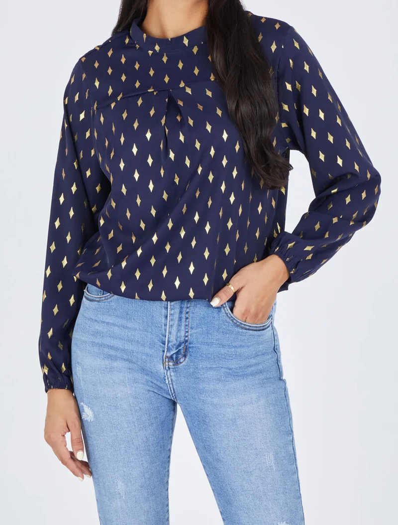 Blouse col montant à imprimé losanges dorés - Marine