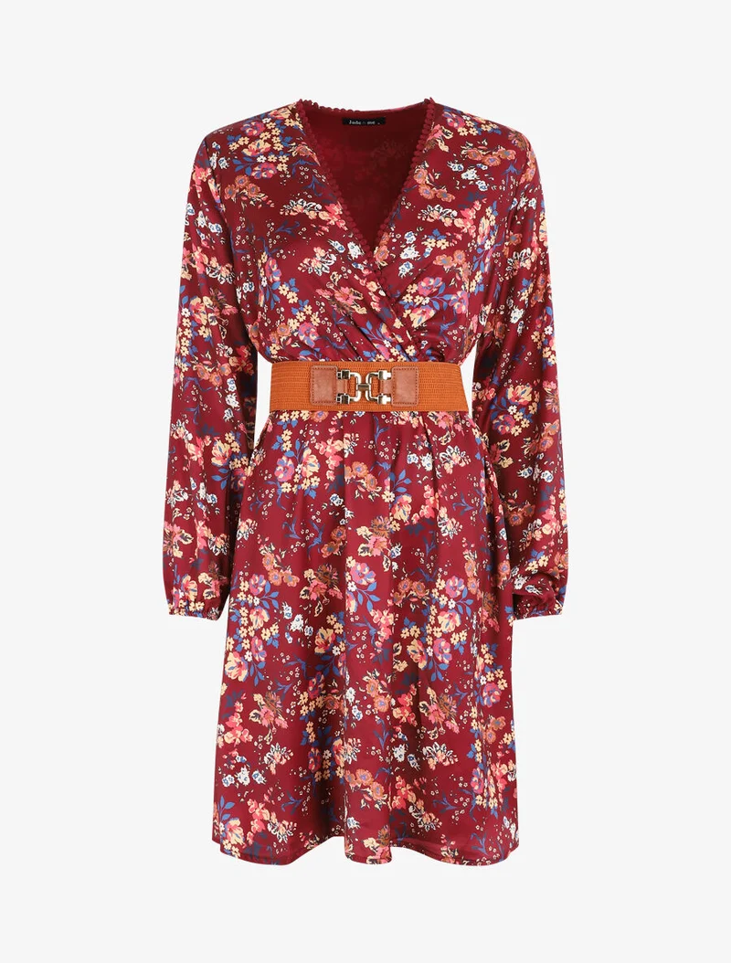 Robe satinée fleuri col cache-coeur - Bordeaux
