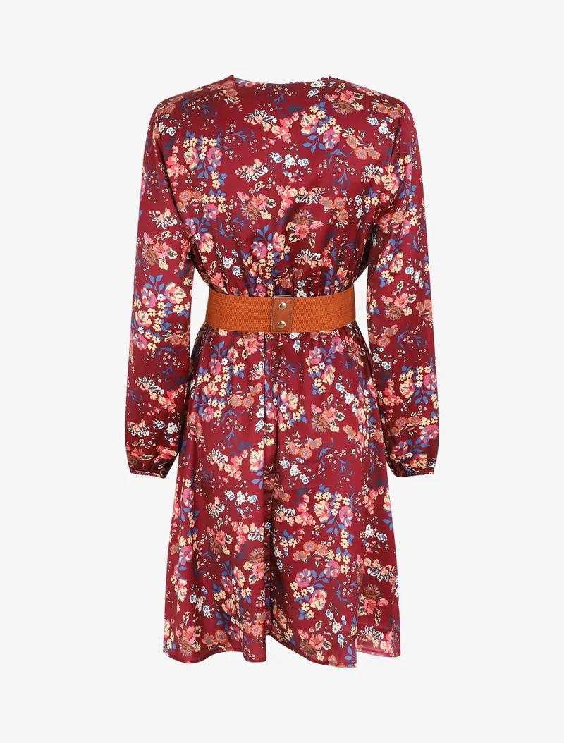 Robe satinée fleuri col cache-coeur - Bordeaux