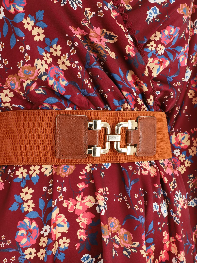 Robe satinée fleuri col cache-coeur - Bordeaux