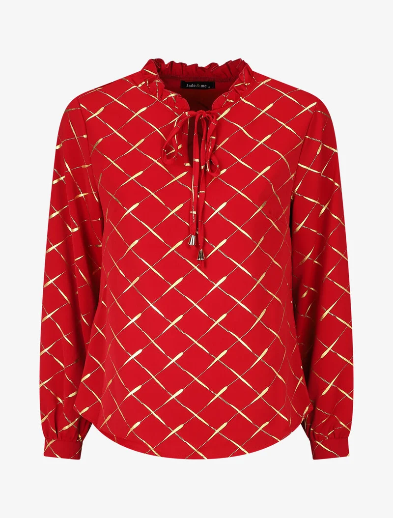 Blouse col V à imprimé dorés - Rouge
