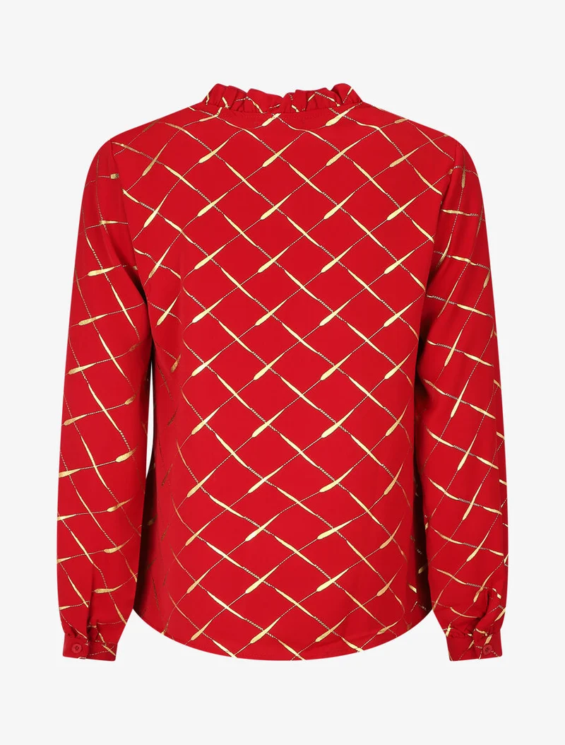 Blouse col V à imprimé dorés - Rouge