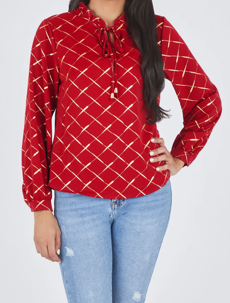Blouse col V à imprimé dorés - Rouge